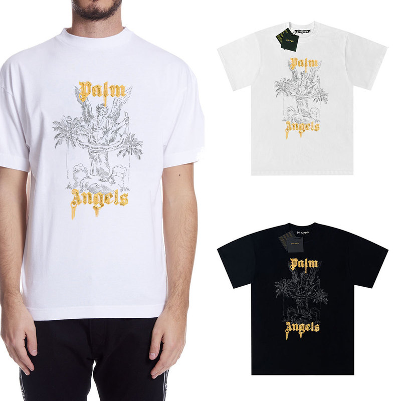 Palm Angel Angels Angel Statue Curved Letter Print Men's and Women's Short Sleeve Summer Loose T-Shirt Trendy