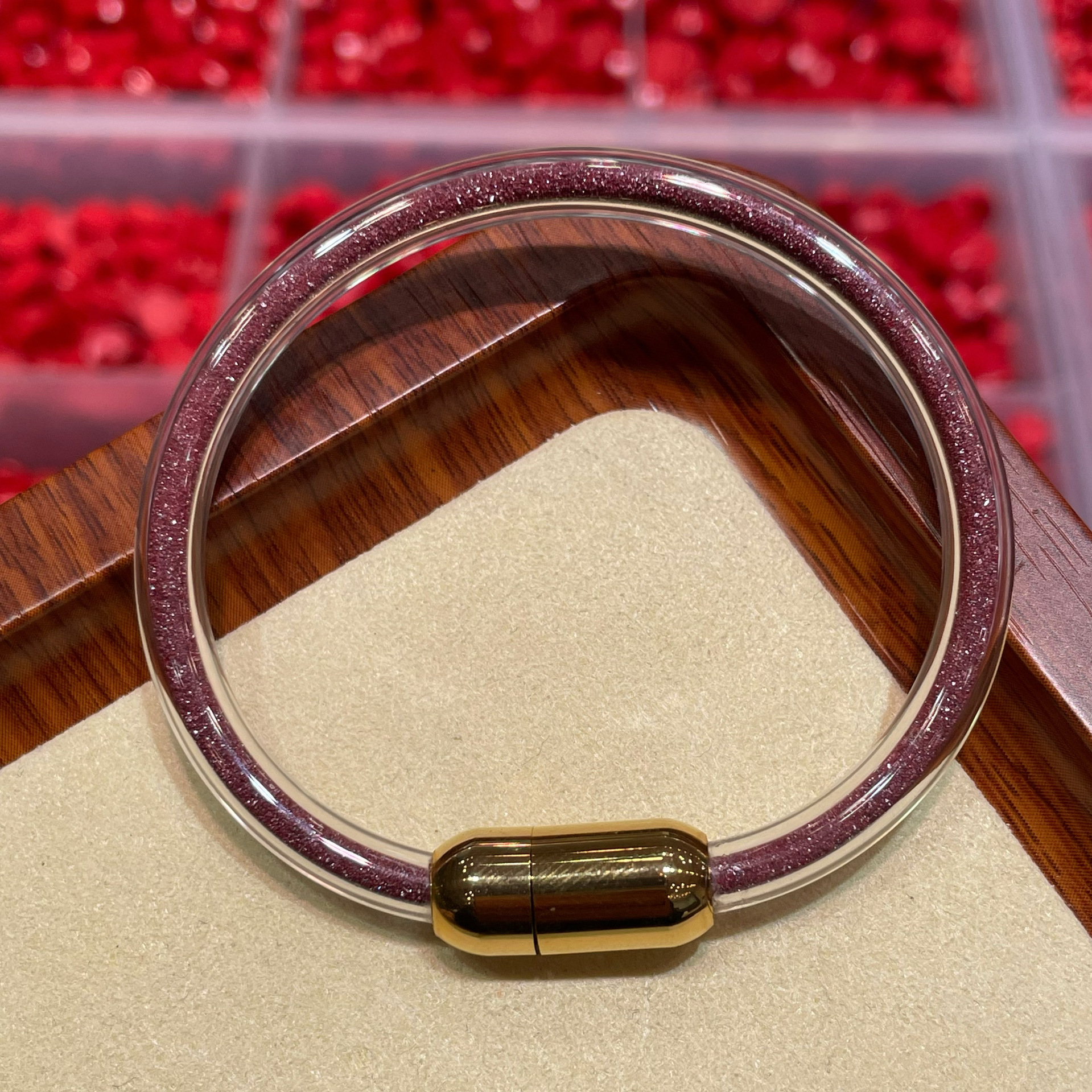 小紅書紫金砂粉灌硃砂五行手鐲亞克力配太鋼材質男女情侶同款