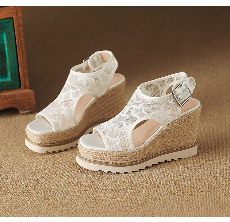 Sandal nữ đế xuồng cao gót mũi hở phong cách Bohemian, chất liệu đan rơm kết hợp lưới thoáng khí — màu hồng nhạt, màu trắng chi tiết 13