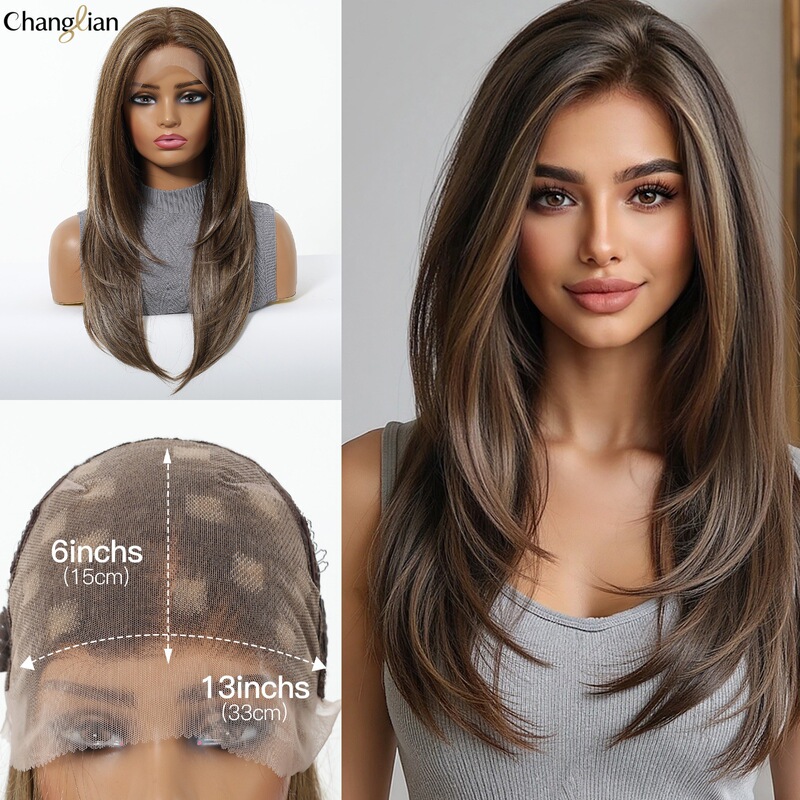 Large Area Lace Wig 13*6 with Free Parting, Brown Long Straight Hair, Synthetic Fiber Wig, High-Definition Hand-Woven Lace, Natural Look