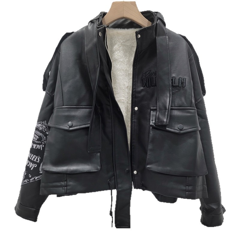 Carta de estilo americano más veludo engrosado lazos chaqueta de cuero PU chaqueta de mujer herramientas sueltas de bolsillo grande chaqueta de locomotora