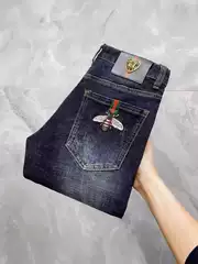 Cross-Border Trendy Men's Jeans European & American High-End Bee Embroidery Slim Fit Casual Pants