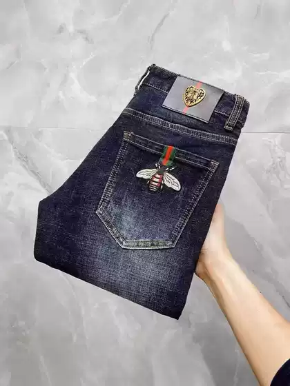 Cross-Border Trendy Men's Jeans European & American High-End Bee Embroidery Slim Fit Casual Pants