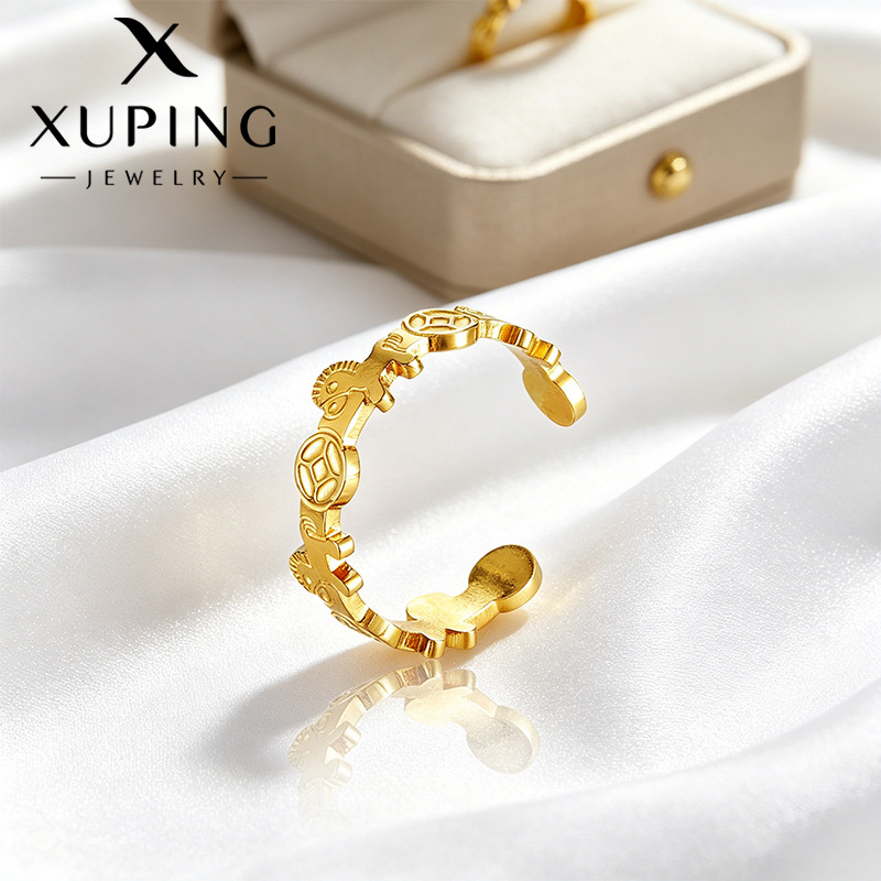 Xuping acero inoxidable 24k color pony moneda de bronce abierto anillo de nicho diseño imitación oro ligero anillo de lujo temperamento mujer