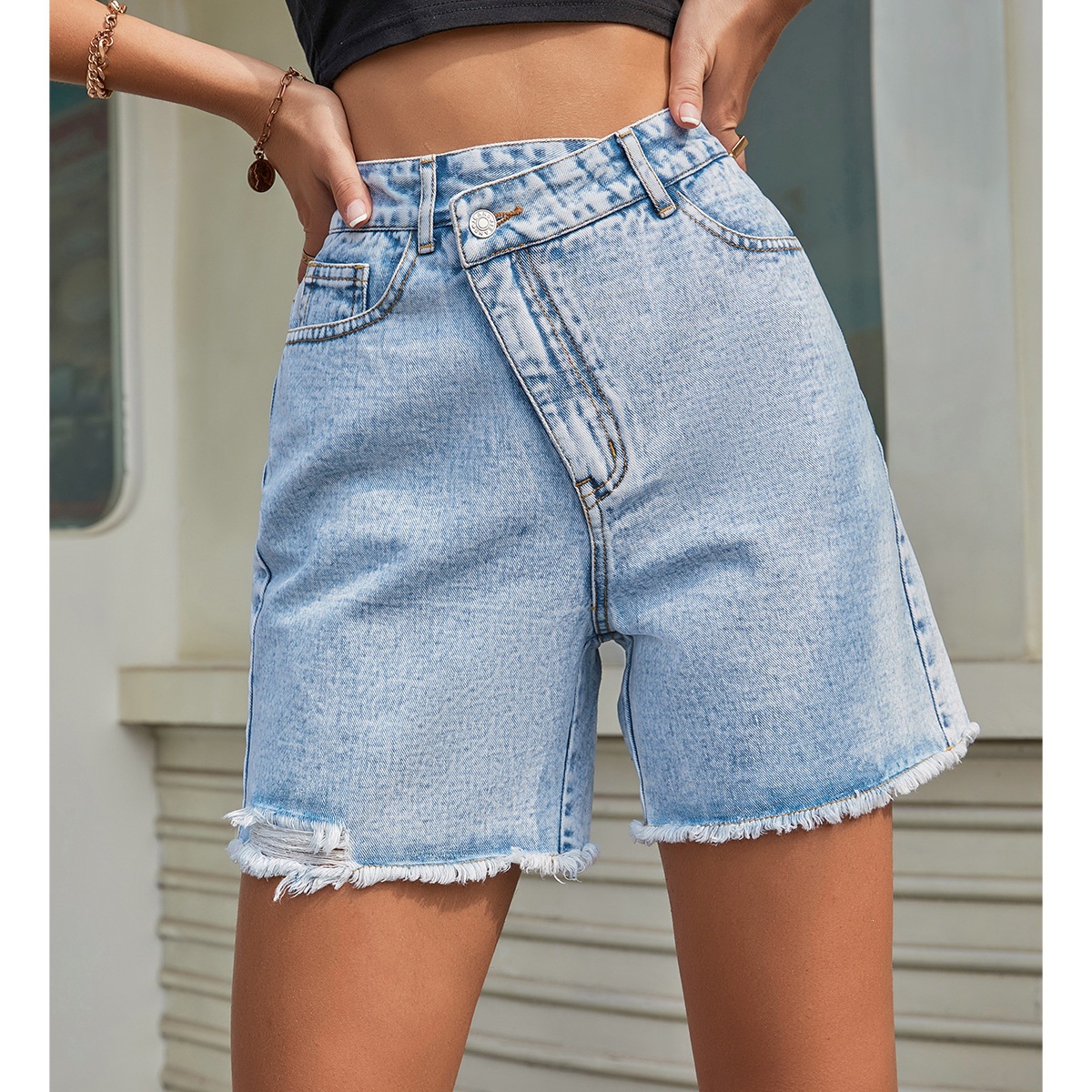 Factory Direct Sales 2026 Amazon Cross-Border Women's Clothing European and American Ins High-Waisted Loose Slimming Frayed Denim Shorts