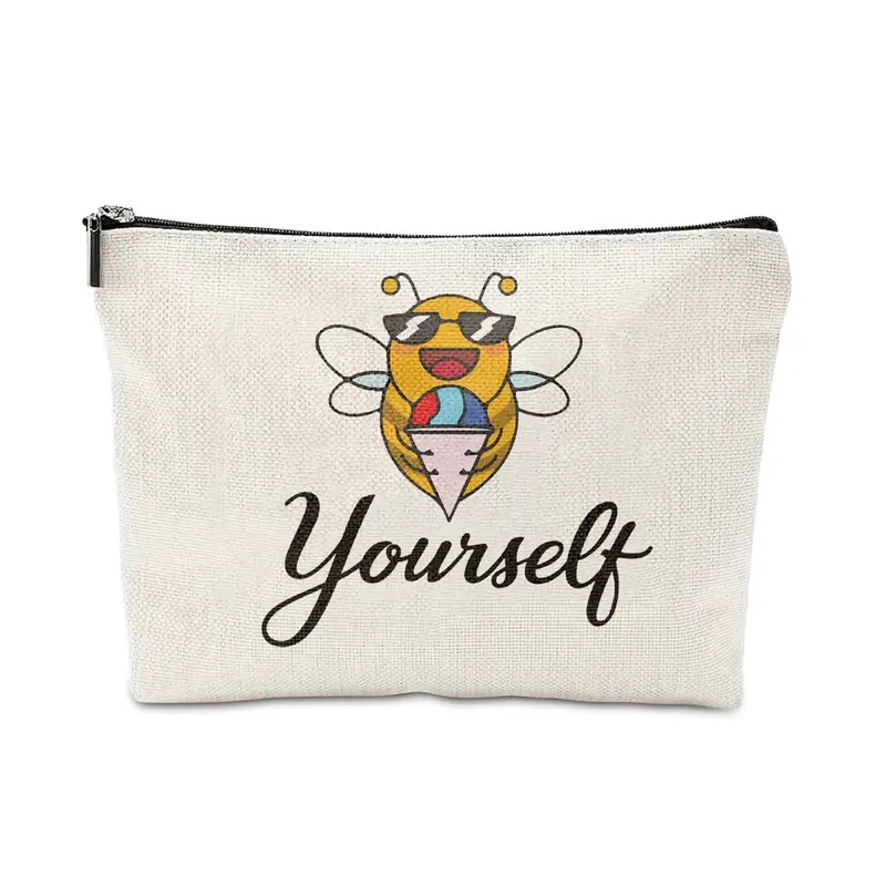 Transfronterizo Amazon Festival de abejas lino impresión doble cara bolsa de maquillaje bolsa de almacenamiento bolsa multifuncional de cremallera