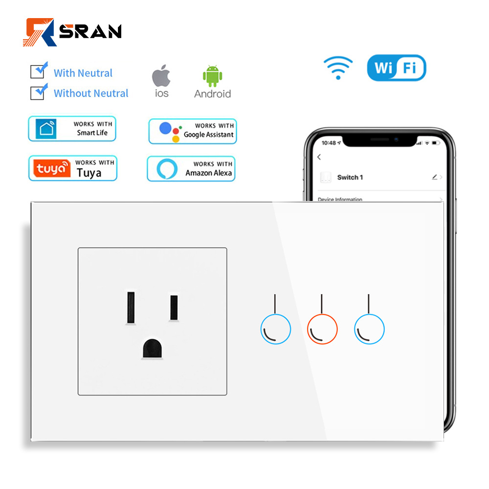 跨境嵌入式智能开关一开WiFi触摸带美式插座玻璃插座触摸开关面板