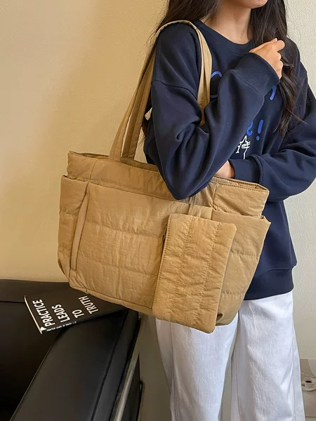 Cross-Border Large-Capacity Padded Tote Bag, Korean-Style Lightweight Business Travel and Commuting Bag, Casual Versatile Women's Shoulder Letter Bag