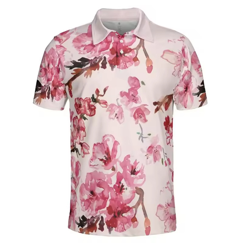 Pink Cherry Blossom Polo Shirt Men's Outdoor Casual Flower Plant Printed Breathable Golf Shirt Harajuku Fashionable Summer
