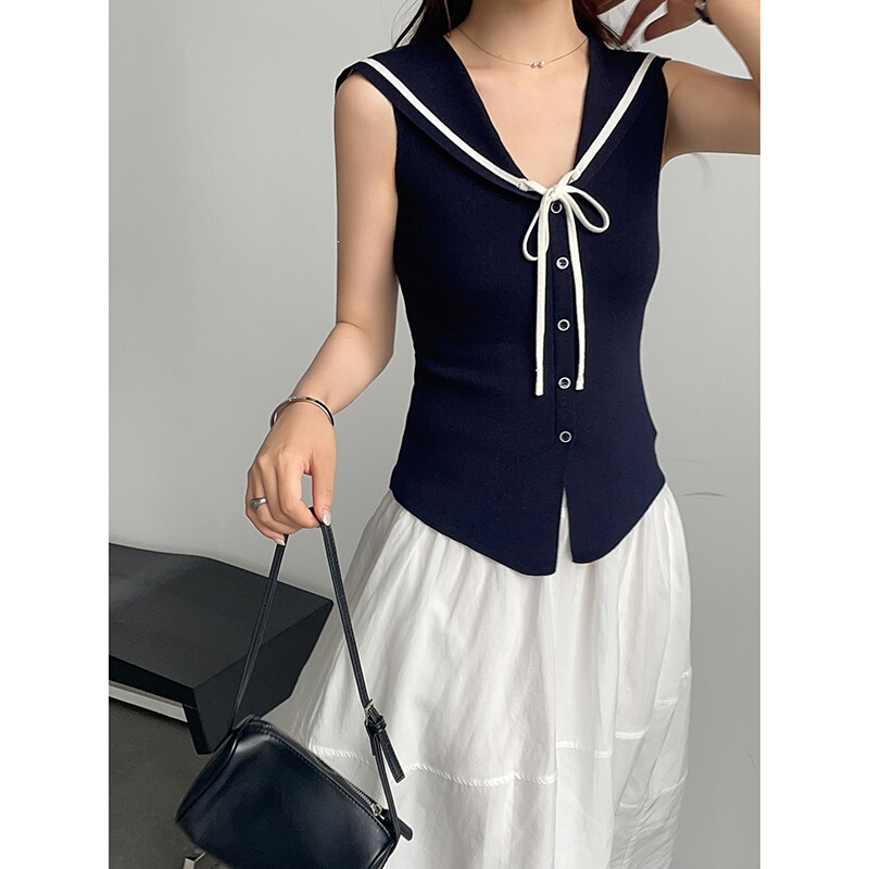 【Nautical Princess】Color-Contrasting Navy Collar Knitted Vest New Casual Sleeveless Top for Women Summer Ad381 【Nautical Princess】Color-Contrasting Navy Collar Knitted Vest New Casual Sleeveless Top for Women Summer Ad381