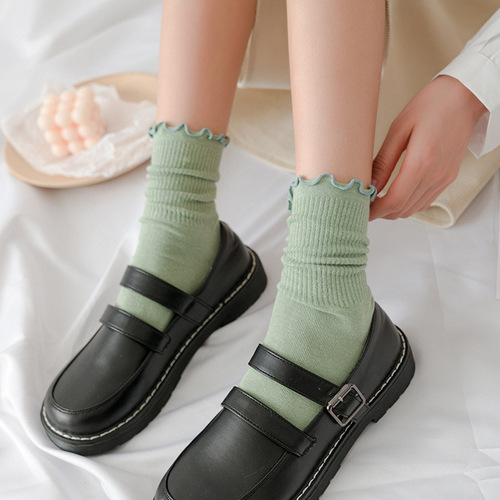 New autumn and winter fungus socks solid color cotton mid-calf socks for women cute Japanese pile socks warm lace socks wholesale