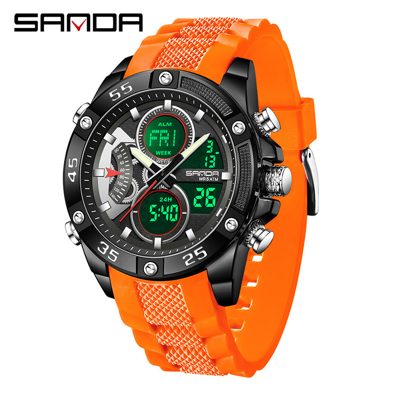 SANDA Sanda 5104 explosión de reloj de estudiante Reloj electrónico multifuncional Reloj deportivo a prueba de agua doble pantalla