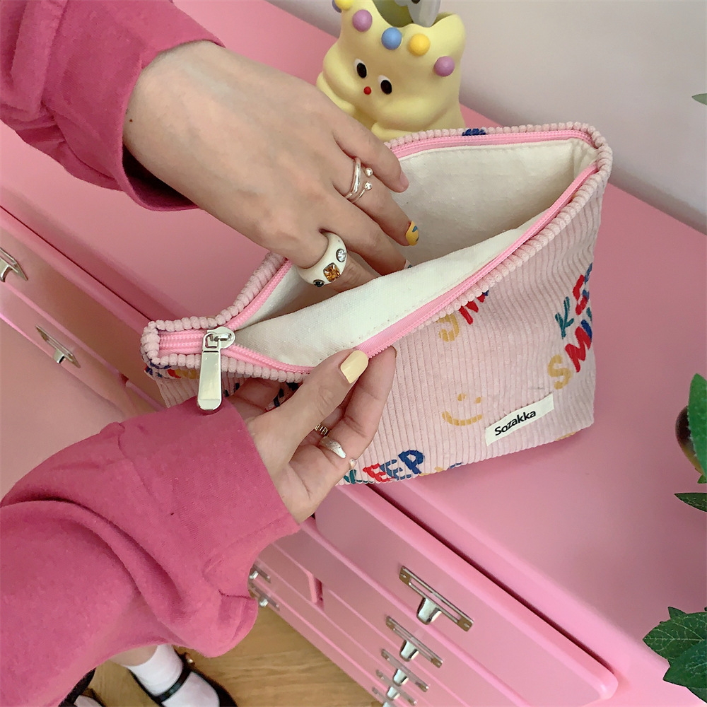 38181 New 2023 Corduroy cosmetic Bag, Letter smiley face storage, washroom clutch, Mobile phone wallet, Pen case undefined