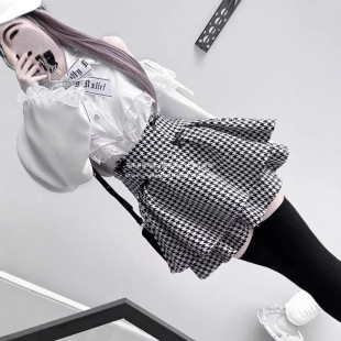 蓬蓬裙半身套裝高腰小個子長袖襯衫甜美少女露肩蕾絲邊格子日系風