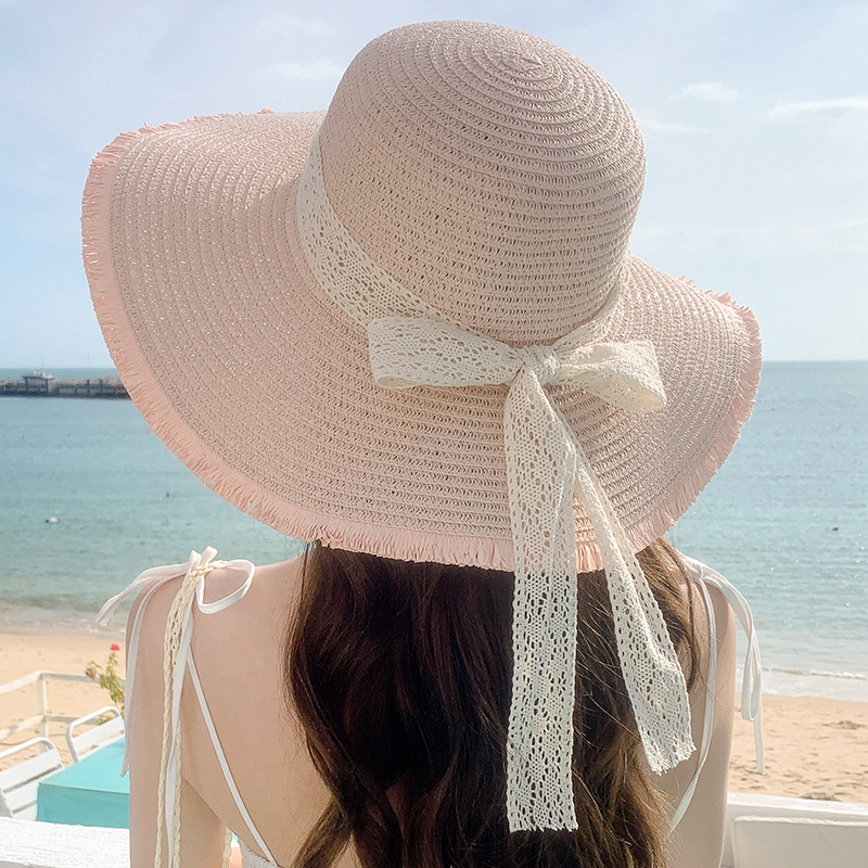 Korean Version of Small Fresh Sweet Fashionable Sunshade Hat for Women in Summer Large Brimmed Ribbon Outdoor Hat Large Brim Sun Hat Straw Hat_voghion.com