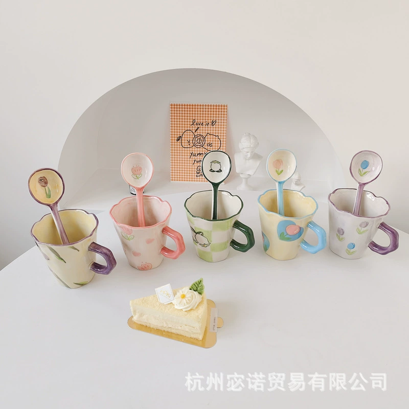 INS high face value, cute flower flower hand pinch ceramic cup Mark cup niche design feeling milk coffee cup water cup