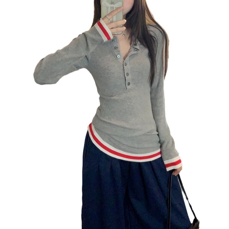 别致条纹撞色POLO领长袖针织衫女秋季2025新款修身设计感小众上衣|undefined