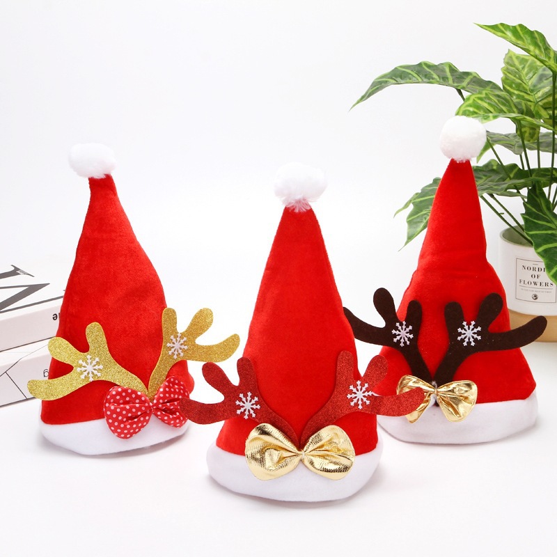 Sombrero de Navidad para niños transfronterizos compuesto de terciopelo de oro + un solo lado arco de polilla tela de polvo dispersa nieve gorra de Navidad de cuerno de ciervo
