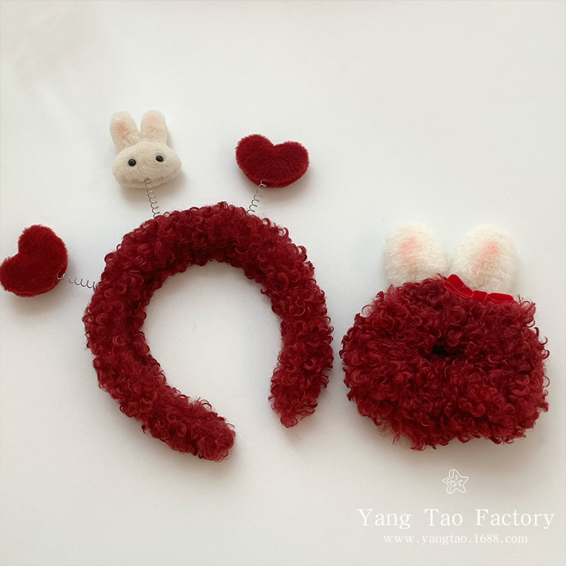 Año Nuevo serie de conejo de peluche rojo conejo de peluche anillo de cabello de dibujos animados casero tocado estrella Liu