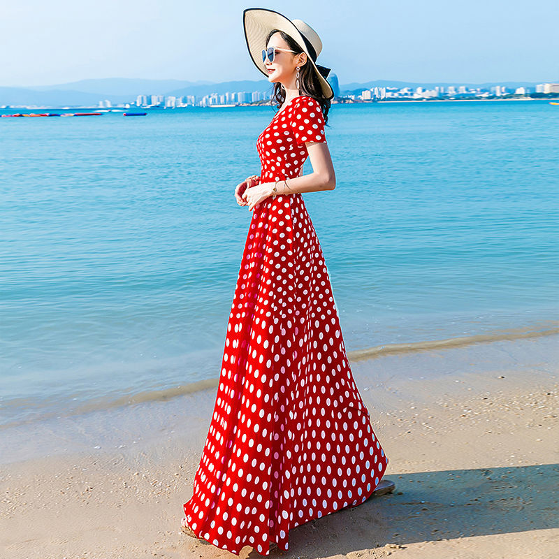 Summer shiffon red long retro dress