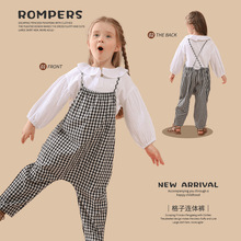 秋季新款女童背带裤韩版简约复古蓝色格中小童松紧腰百搭休闲长裤