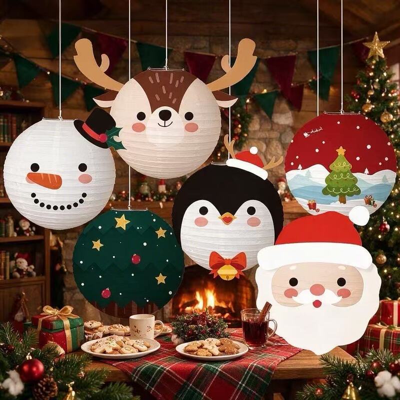 Christmas-themed paper lanterns, cartoon Santa Claus, shop window and ceiling decoration, atmosphere-enhancing hanging decorative lanterns