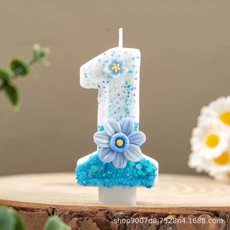 グラデーションブルーの花デジタル誕生日キャンドルアマゾン越境電子商取引パーティーケーキデコレーション1歳クリエイティブキャンドル|undefined