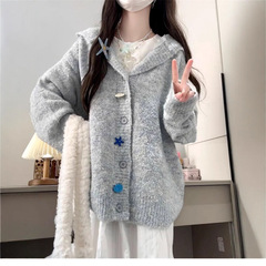 灰色连帽毛衣外套女新款春秋季小个子慵懒高级感针织开衫上衣女装