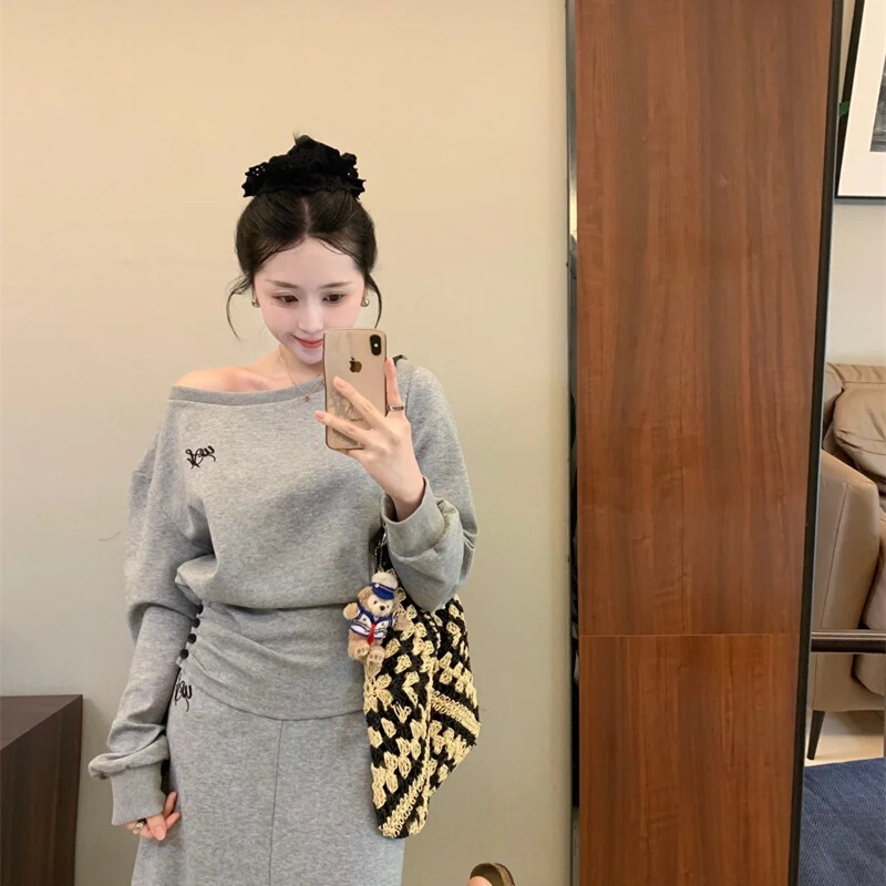 欧美跨境亚马逊韩系运动休闲套装女斜领露肩上衣高腰半身裙两件套|undefined