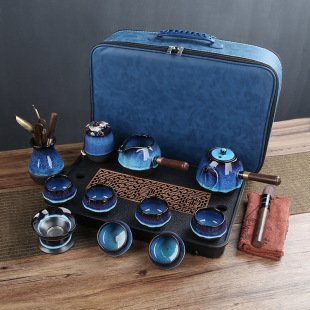 Blue Starry Sky Wire-drawing Sand Gold Kiln-changing Kung Fu Tea Set Tea Tray suit Side Lassel Ebony Tea Ceremony Large Leather Carrying Case