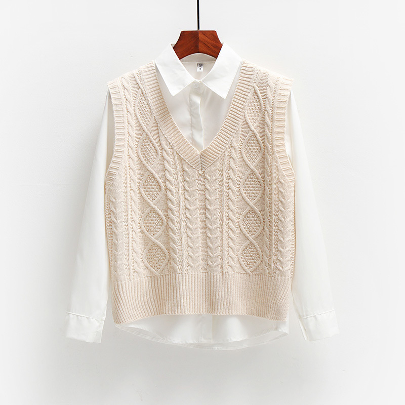 Two-Piece Sweater + Long-Sleeved Shirt Knitted Sweater Vest Vest Women's Korean Style Loose Preppy Style