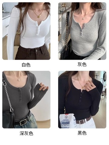Pure Color Long Sleeve T-Shirt for Women  Autumn New Women's Top for Layering, Square Shoulder Sweatshirt Ribbed V-Neck Basic T-Shirt Trendy