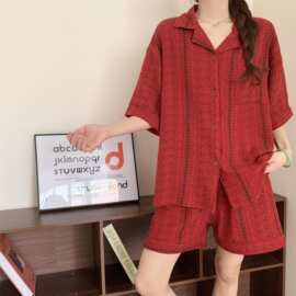韩系ins甜美舒适睡衣女夏开扣短袖短裤条纹红色家居服家居服套装