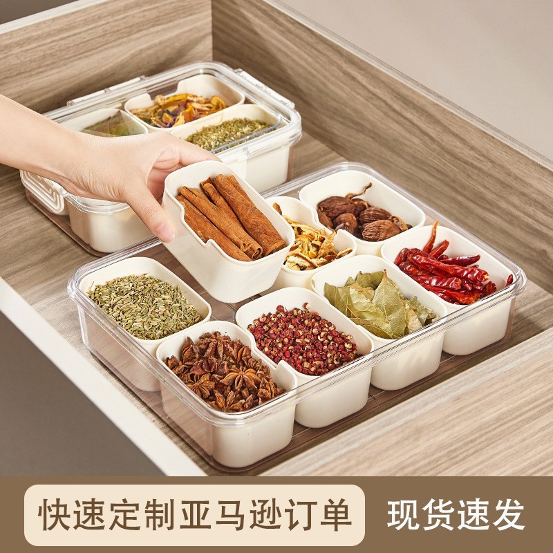 Condimento para conservación fresca Caja sellada de plástico para cocina Caja de almacenamiento de especias Grado alimenticio Formato de clasificación Granos diversos transparentes Condimento