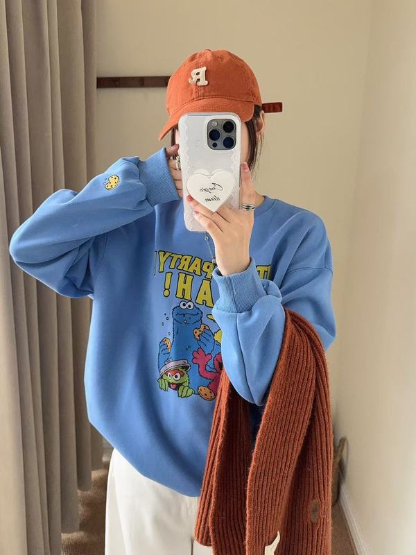 韩系慵懒风芝麻街袖口曲奇刺绣卡通印花卫衣女秋季新款圆领上衣|undefined