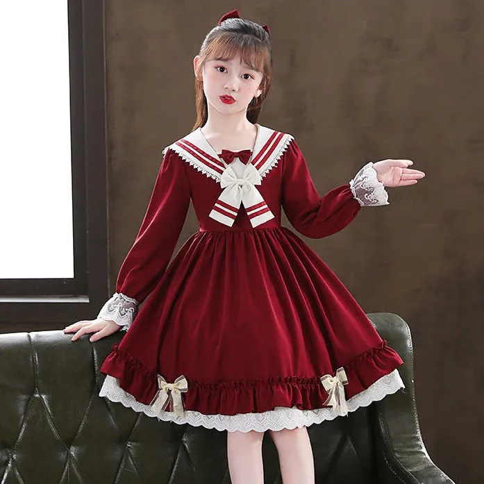 Vestido de niñas otoño nuevo vestido de princesa para niños Lolita estilo occidental retro arco manga larga falda para niñas