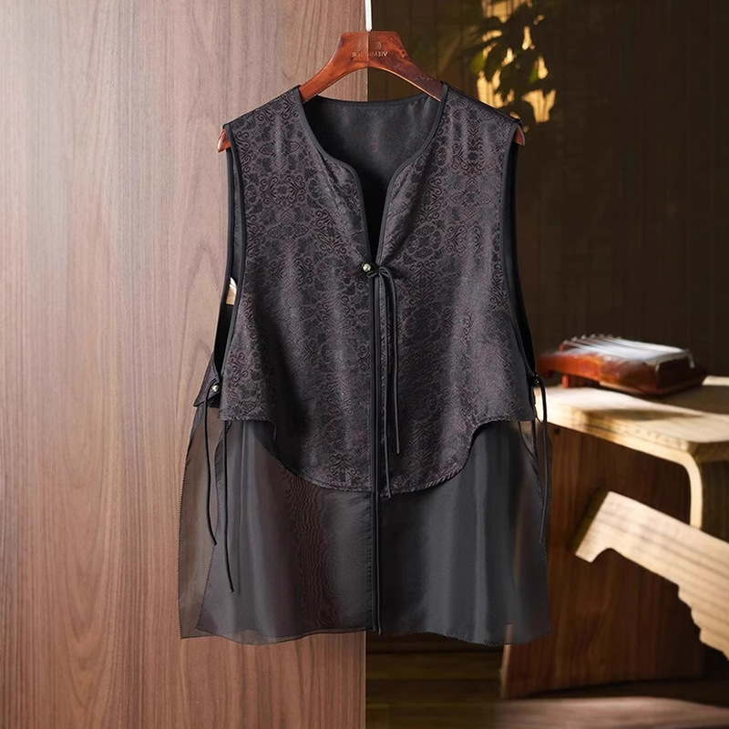 New Chinese Style Chinese Style Vest for Women Summer New High-End Song Brocade Splicing Imitation Silk Organza Vest Top