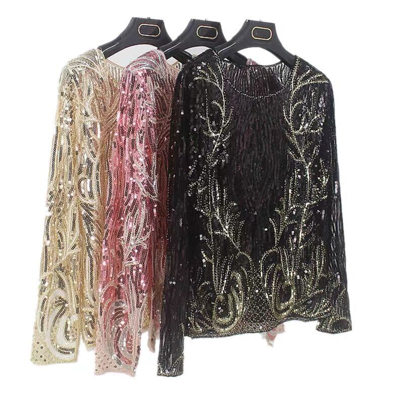 New style heavy-duty beaded embroidered long-sleeved sequined top age-reducing bottoming ins style French-style meat-covering outerwear item New style heavy-duty beaded embroidered long-sleeved sequined top age-reducing bottoming ins style French-style meat-covering outerwear item