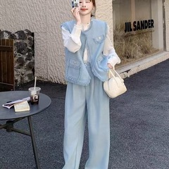 春季衬衫三件套名媛小香风套装女时尚长裤马甲年蓝色新款流苏