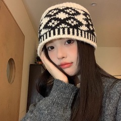 复古瓜皮帽女秋冬季显脸小渔夫帽保暖拼色大头围针织毛线帽子成人