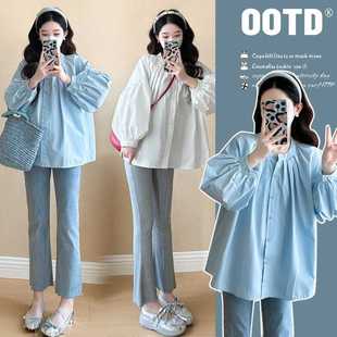 2025 Spring Maternity Dress Design Sense Lazy Pleated Lantern Sleeve Shirt Women's New Korean Casual Pregnant Women's Top