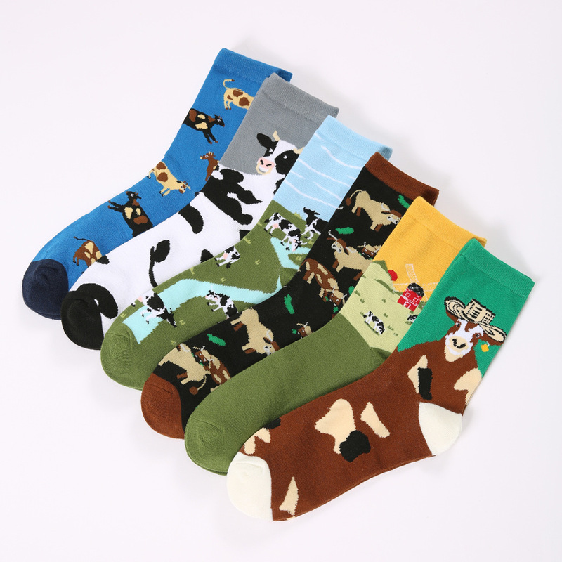 Cross-Border Socks Amazon Socks New Autumn and Winter Mid-Calf Socks Men's Cartoon Cow Fun Funny Contrasting Color Men's Socks