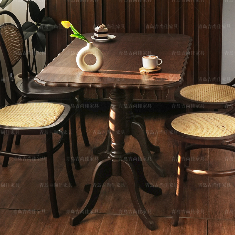 フレンチミッドセンチュリーロングテーブルカフェ全無垢材レトロデザートショップカフェレストラン業務用ダイニングテーブルと椅子の組み合わせ|undefined