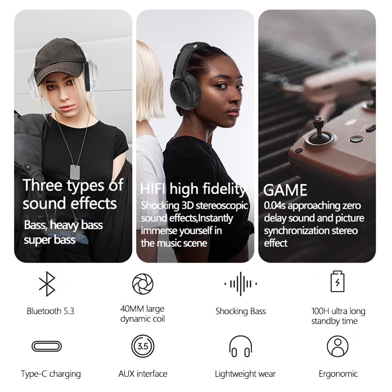 Auriculares Bluetooth montados en la cabeza en stock de fábrica, cambio de sonido múltiple, música inalámbrica, teléfono móvil con reducción de ruido, FM transfronterizo general