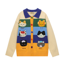 原创日系风小猫植绒拼接条纹针织衫毛衣保暖慵懒宽松情侣学生外套