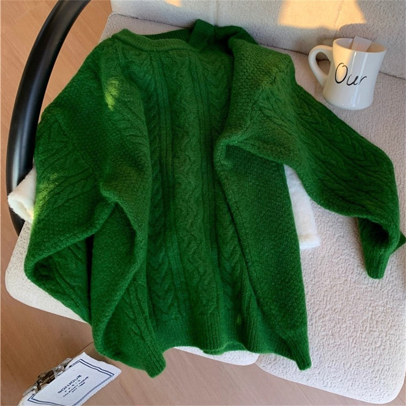 软糯复古圆领麻花简约纯色气质套头针织衫上衣百搭显瘦毛衣女外穿|undefined