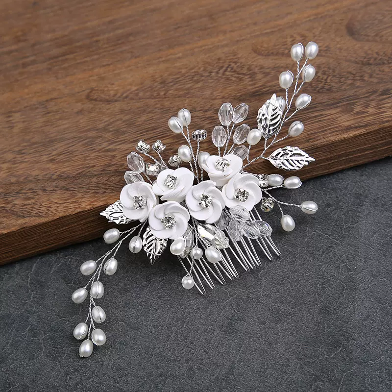 亚马逊跨境欧美插梳女白色软陶花朵镶钻手工珍珠发梳侧梳婚礼头饰