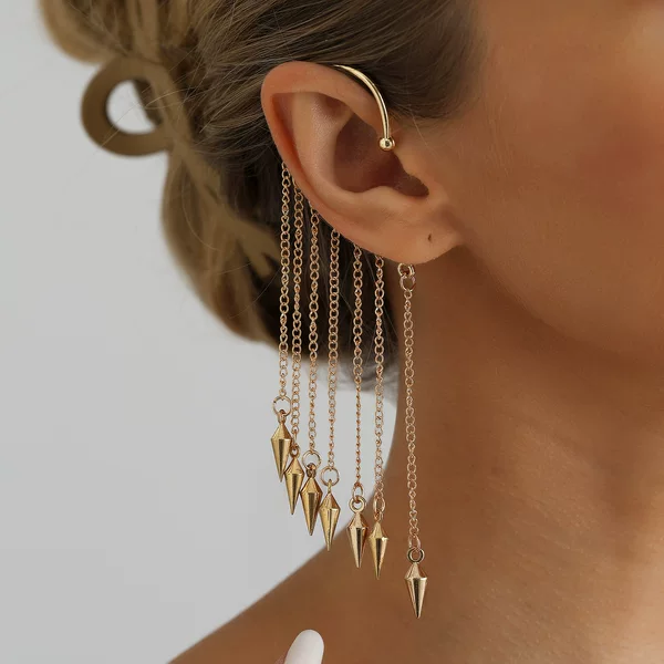 European and American Cross-Border Jewelry Metal Tassel Ear Cuffs Without Ear Piercing Design Sexy Hot Girl Style Exaggerated Cone-Shaped Earrings for Women