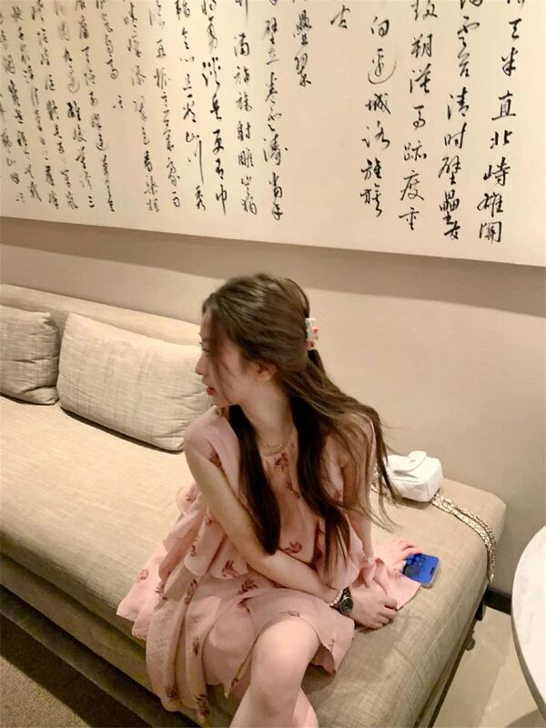 法式气质粉色印花背心连衣裙女夏季温柔甜美宽松无袖裙子a字短裙|undefined