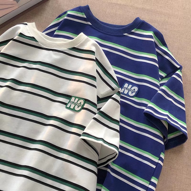 Striped T-shirt Men's Summer 2022 New Design Sense Niche Loose Retro Hong Kong Style ins Trendy Student Short-sleeved Top